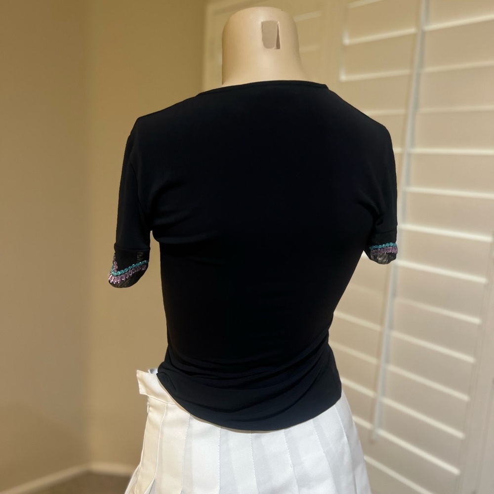 Versace Black Jersey knit Stretch Fitted Embellish Short Sleeve Blouse Top  sz S - Picture 6 of 11